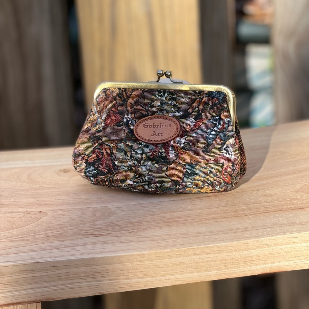 Gobelins Art Change Purse tapestry 2 pocket metal clasps leather accents